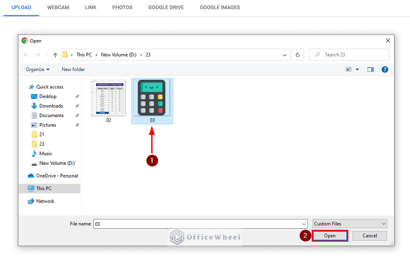 selecting the image to insert button in google sheets